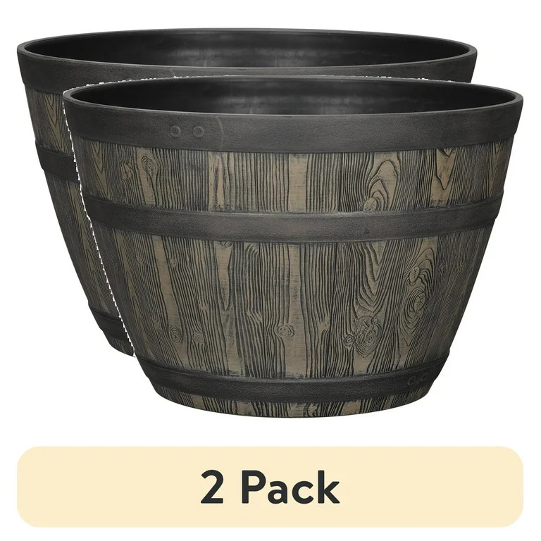 (2 pack) Better Homes & Gardens Whiskey Barrel Brown Resin Planter, 19.9in x 19.9in x 13in | Walmart (US)