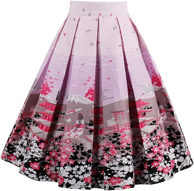 OBBUE Dresstore Vintage Pleated Skirt Floral A-line Printed Midi Skirts with Pockets | Amazon (US)