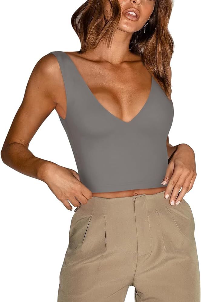 REORIA Women’s Sexy Plunge Deep V Neck Sleeveless V Backless Slim Fit Going Out Crop Tank Tops | Amazon (US)