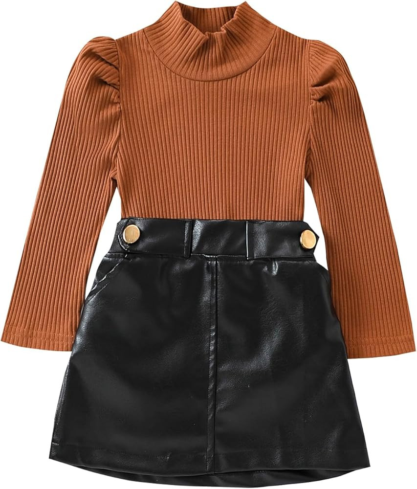 Toddler Baby Girl Fall Outfits Turtleneck Ribbed Long Sleeve Shirt Knit Sweater Mini Skirt Winter... | Amazon (US)