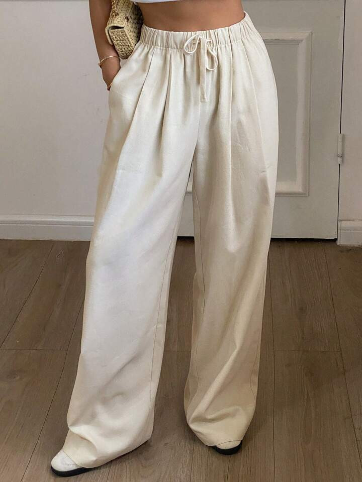 Livesso Women's Solid Color Loose Straight-Leg Pants With Elastic Waist Drawstring, Casual For Summer Linen | SHEIN