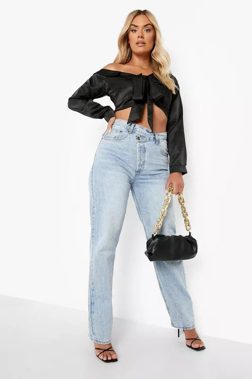 Plus Satin Off The Shoulder Tie Front Shirt | Boohoo.com (US & CA)