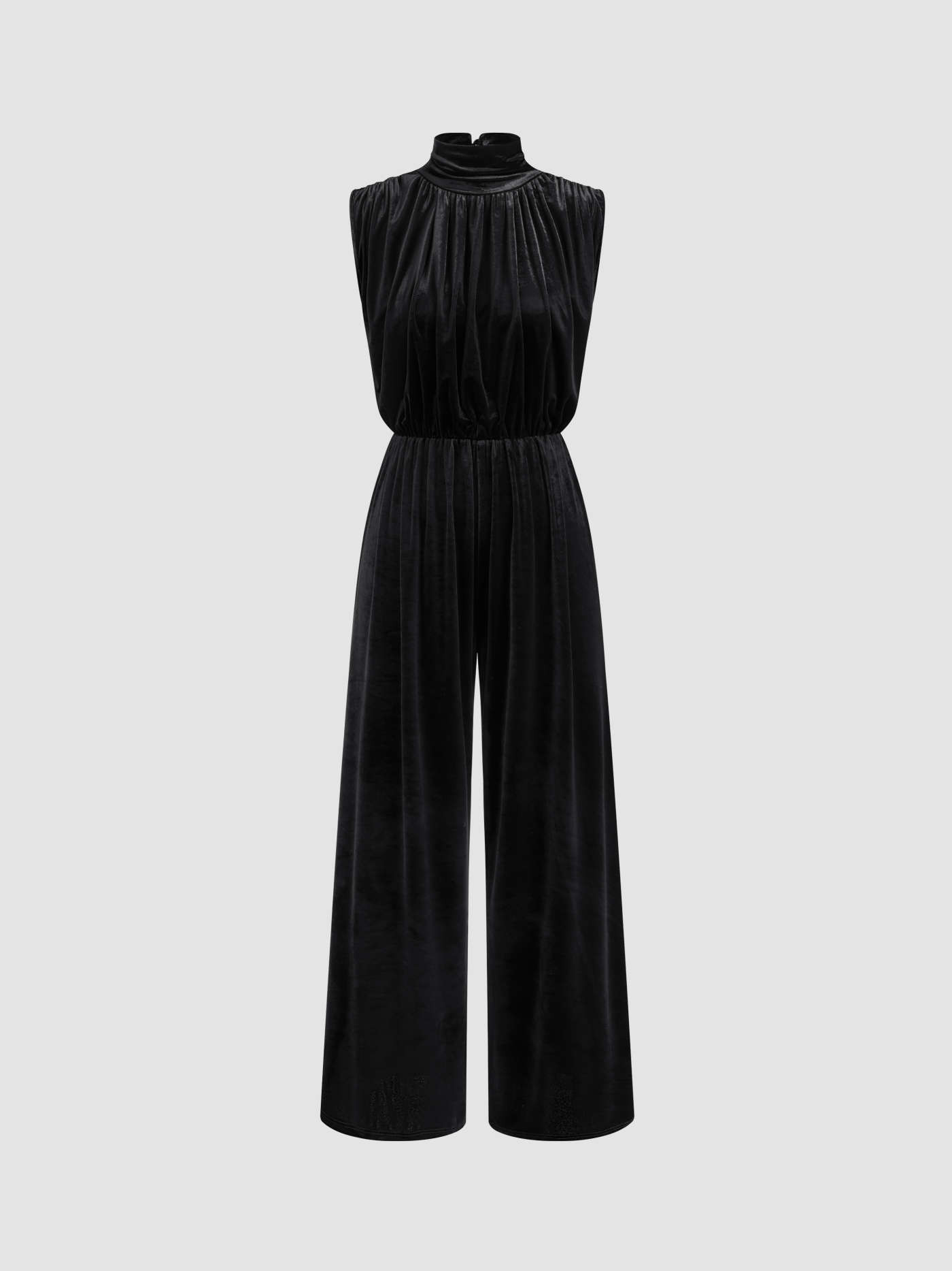 Velvet High Neck Ruched Zipper Wide Leg Jumpsuit | Cider