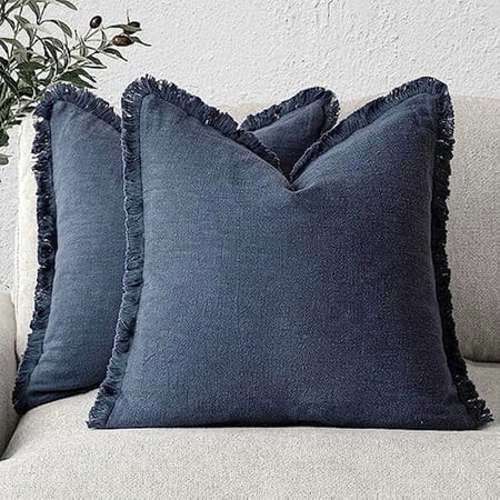 LYH Set of 2 Decorative Linen Fringe Throw Pillow Covers Cozy Boho Farmhouse Cushion Cover with Tassels Soft Accent Pillowcase for Couch Sofa Bed Living Room Home Decor,18×18 Inch,Navy Blue | Walmart (US)