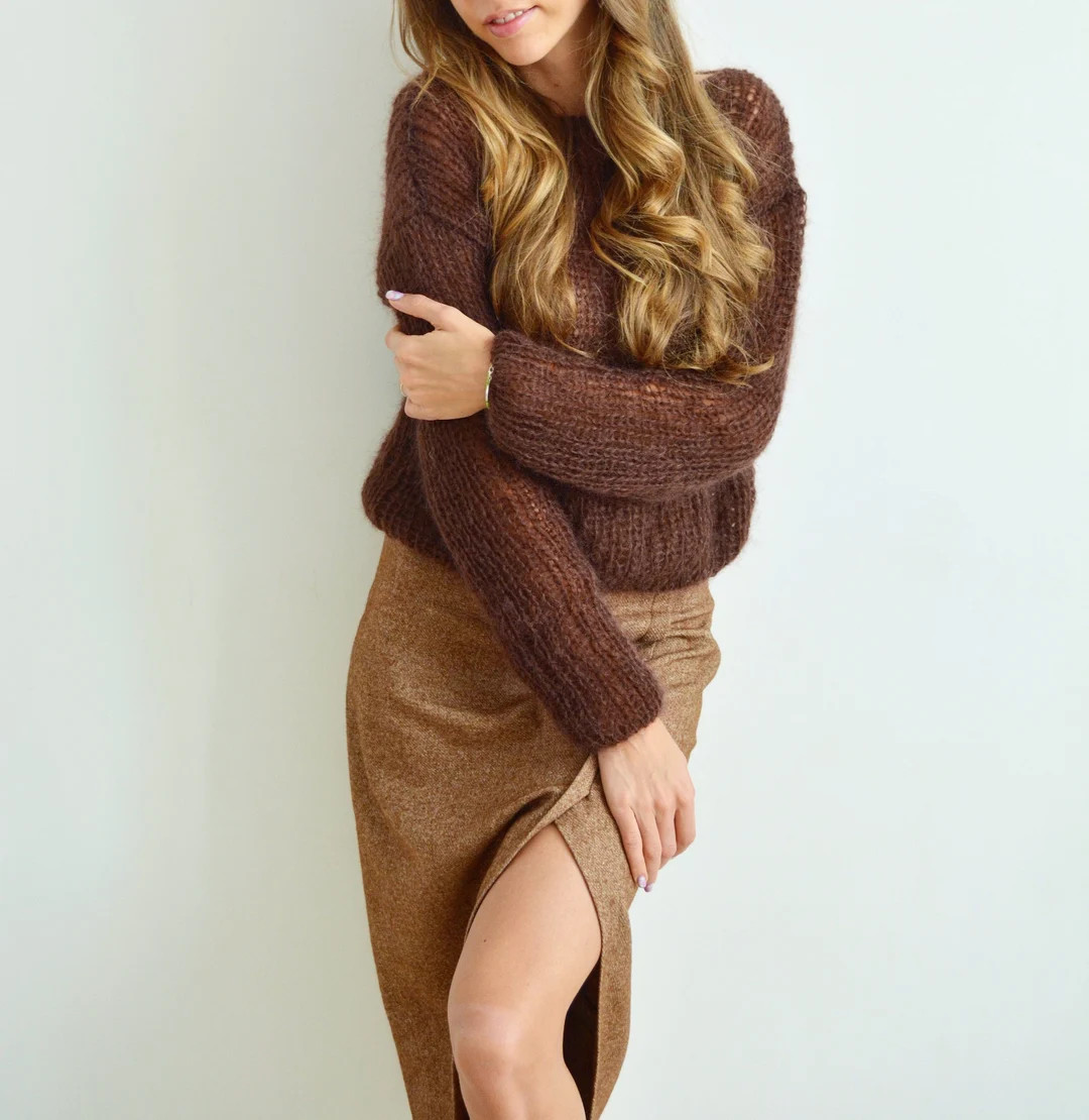 Coffee brown mohair cropped sweater Short handknit loose sweater Soft elegant bohemian sweater Ov... | Etsy (US)