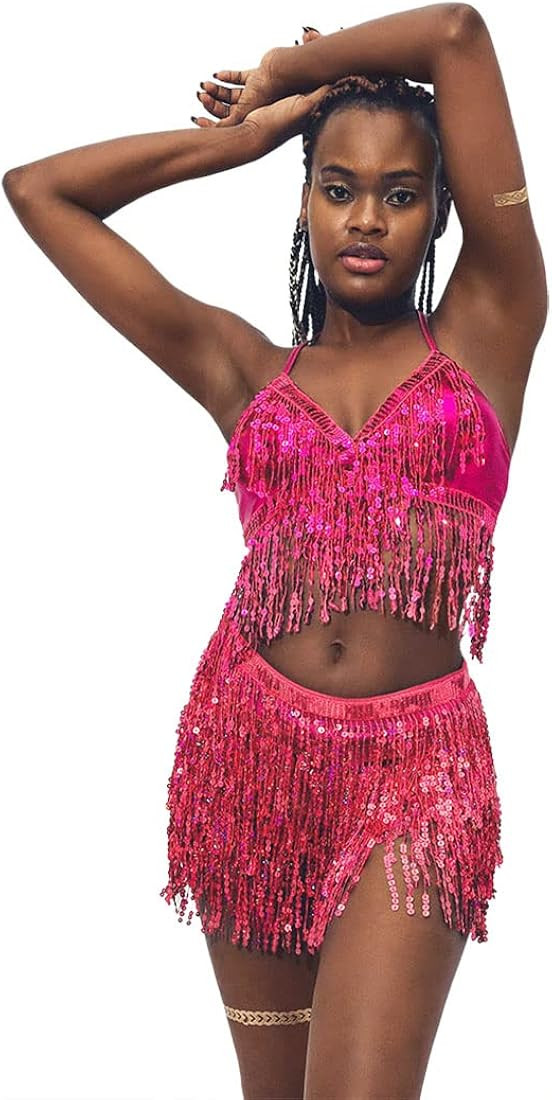 EARENT Belly Dance Hip Skirt with Bra Top Sequins Tassel Hip Scarf Rave Party Costume for Women | Amazon (US)