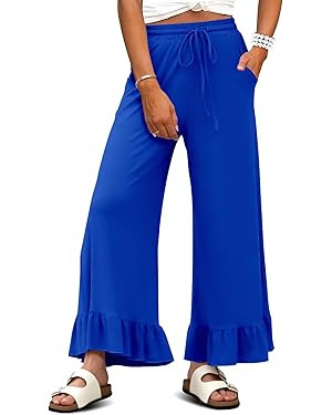 KISSMODA Womens Palazzo Lounge Pants Drawstring Elastic High Waisted Ruffle Hem Wide Leg Pants wi... | Amazon (US)