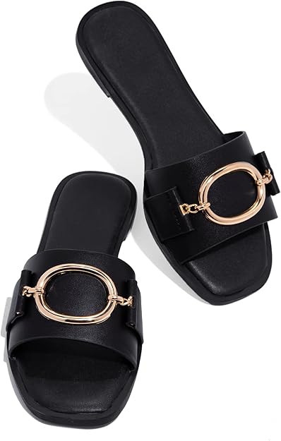 Coutgo Womens Square Toe Dressy Summer Slide Sandals Flat Low Heel Big Metal Chain Slip On Party ... | Amazon (US)