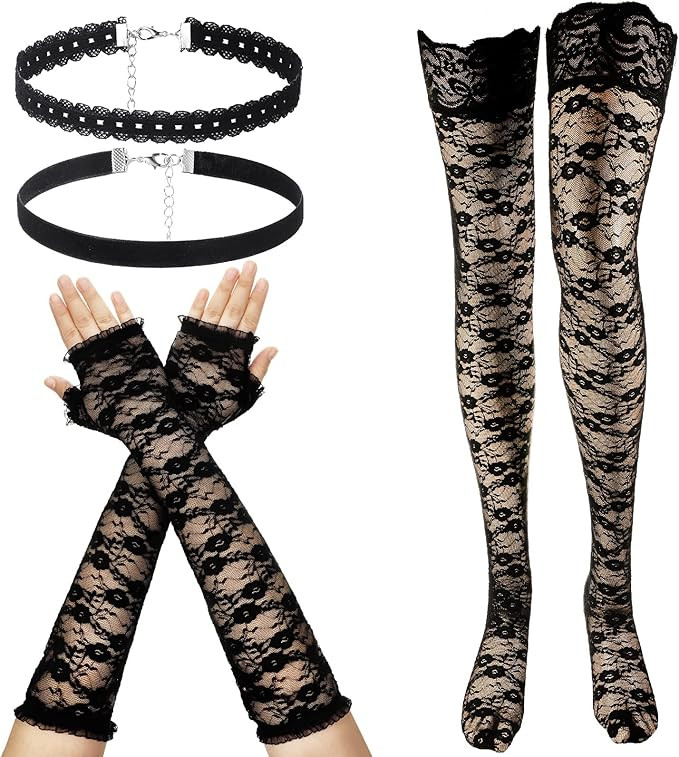 4 Pcs Women's Lace Thigh Highs Stockings for Women Long Lace Fingerless Gloves Flannel Black Neck... | Amazon (US)