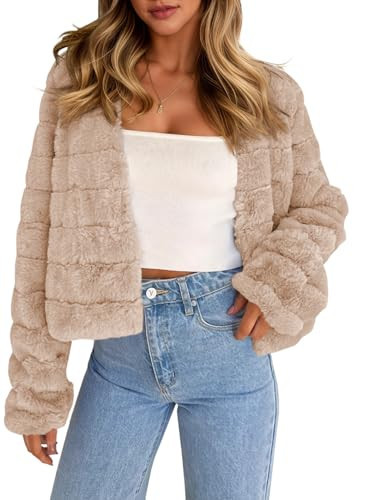 Fisoew Womens Cropped Faux Fur Jackets Long Sleeve Open Front Fluffy Short Coats | Amazon (US)