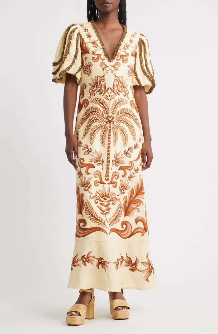 Milani Bead Trim Mixed Print Linen Maxi Dress | Nordstrom