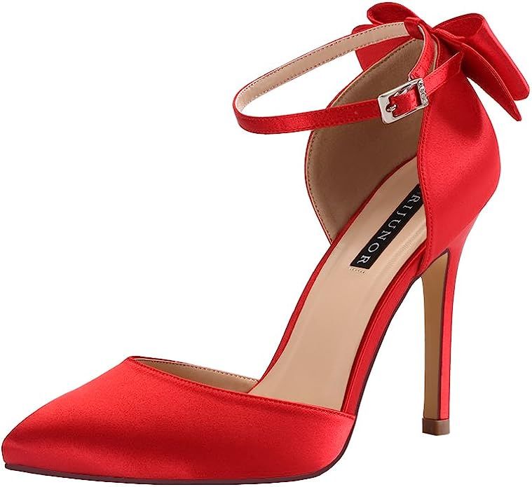 ERIJUNOR Women High Heel Bow Ankle Strap Evening Party Dance Wedding Satin Shoes | Amazon (US)