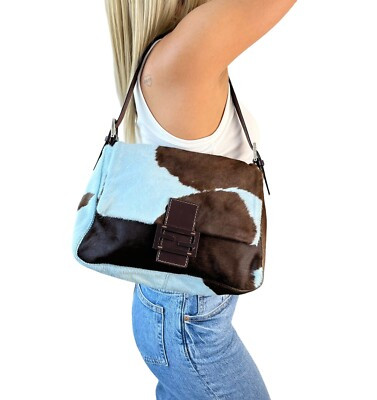 FENDI Vintage FF Logo Cow Mamma Baguette Shoulder Bag Blue Calf Hair Rank AB  | eBay | eBay US