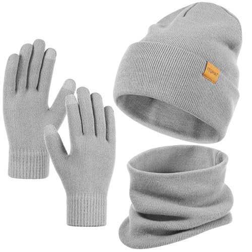 Winter Knit Hat, Scarf, and Gloves Set ，Cuffed Beanie Skull Cap Ski Fashion Set for Men and Women Grey | Amazon (US)