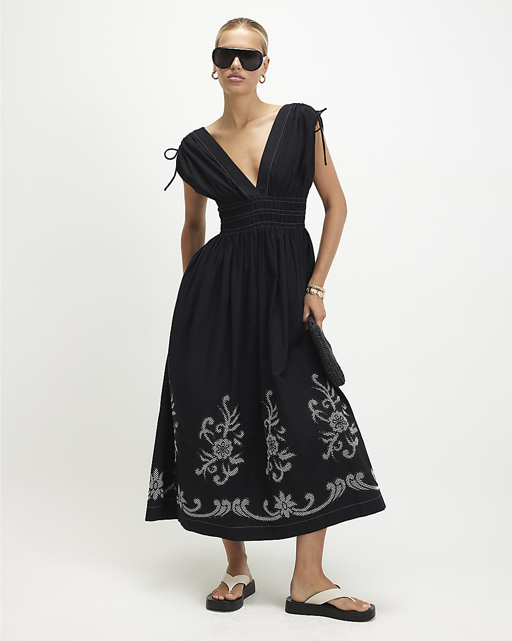 Black Cutwork Hem Midi Dress | River Island UK & IE