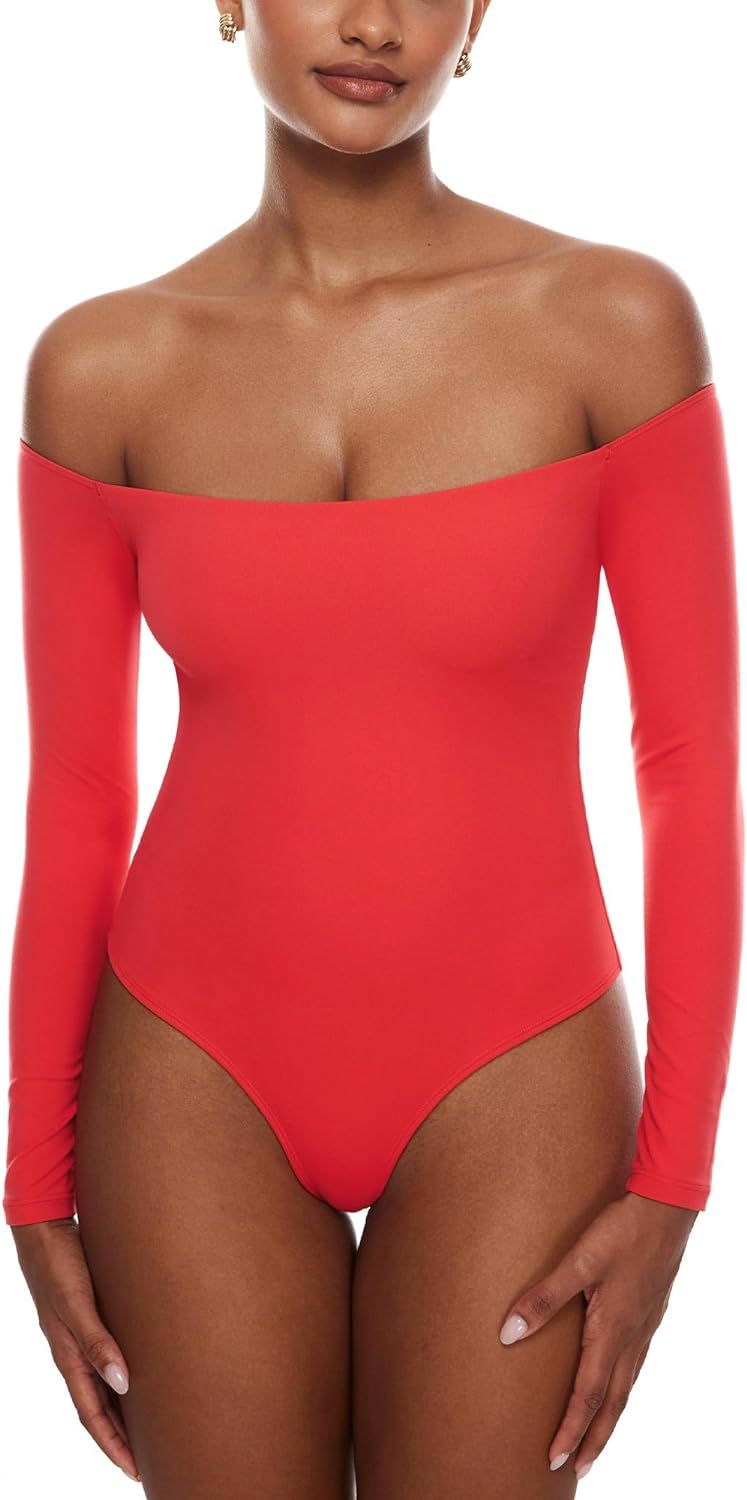 INLYRIC Women's Natrelax Off The Shoulder Bodysuit Long Sleeve Thong Sexy Bodycon Slim Fit Tops L... | Amazon (US)