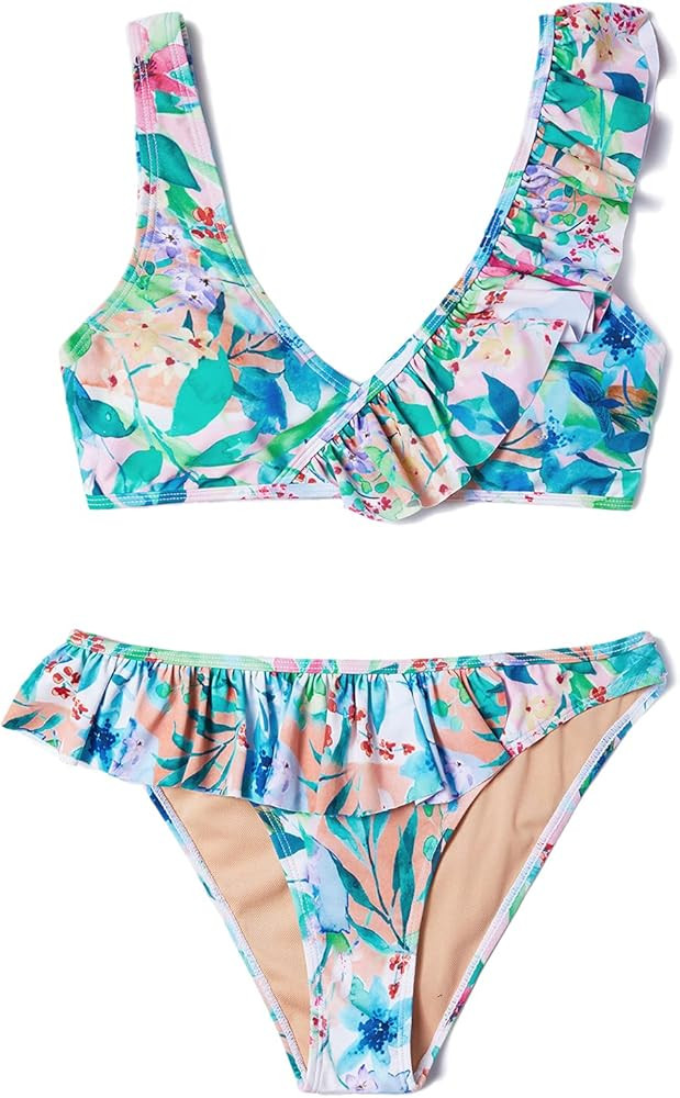 Women Two Pieces Ruffle Top Bikini Sets, Push up Floral Flounce Ruched Padded Bathing Suits | Amazon (US)