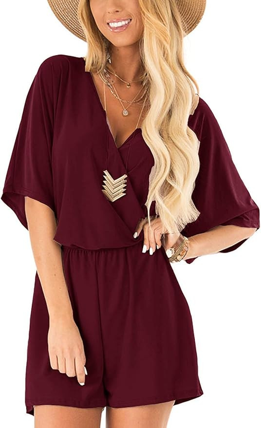 ReachMe Womens Casual V Neck Romper Shorts Summer Short Sleeve Loose Jumpsuit with Pockets | Amazon (US)