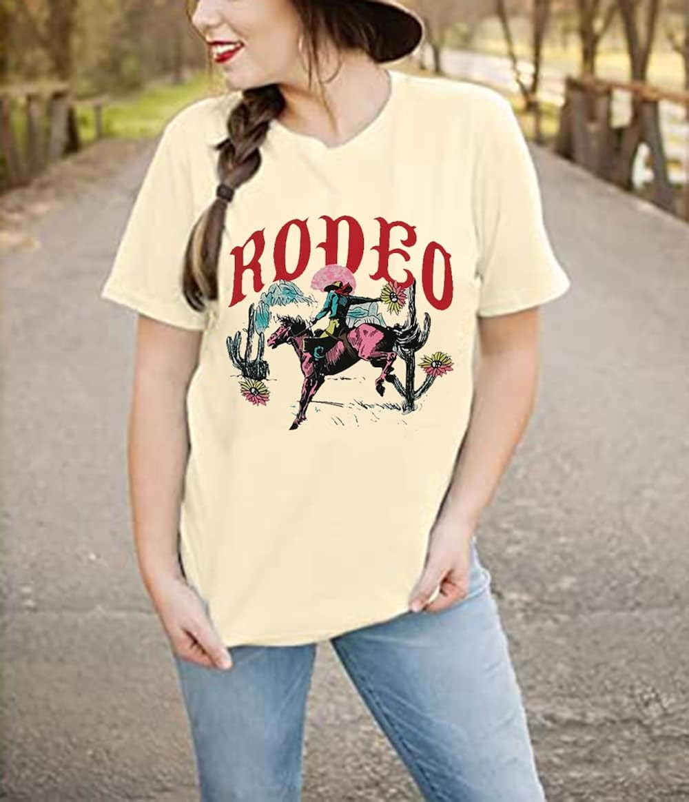 Western Cowboy Bleached T-Shirt for Women Vintage Desert Cactus Graphic Shirts Cowgirl Rodeo Casu... | Amazon (US)