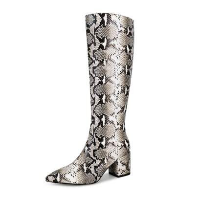 WETKISS Snakeskin Knee High Boots For Women With Pointed Toe, Chunky Heel And Side Zipper Snake Print | SHEIN