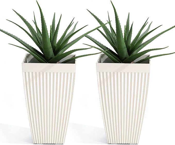 glitzhome Set of 2 Indoor Outdoor Standing Planter, 23" Tall Faux Ceramic Fluted Tapered Plants P... | Amazon (US)