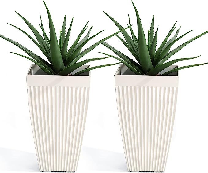 glitzhome Set of 2 Indoor Outdoor Standing Planter, 23" Tall Faux Ceramic Fluted Tapered Plants P... | Amazon (US)