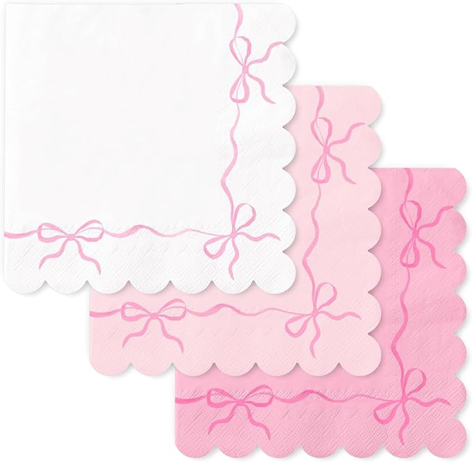 150Pcs Pink Bow Napkins Watercolor Bow Disposable Napkins with Scalloped Edge White Pink Paper Lu... | Amazon (US)