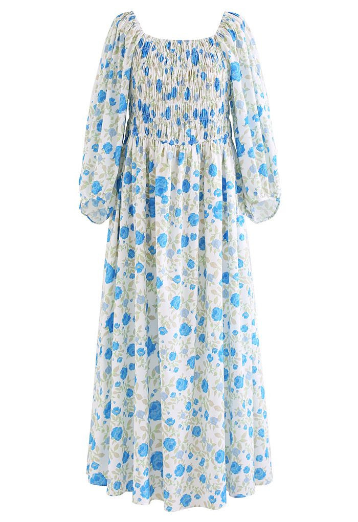 Flowery Field Off-Shoulder Shirred Midi Dress in Blue | Chicwish