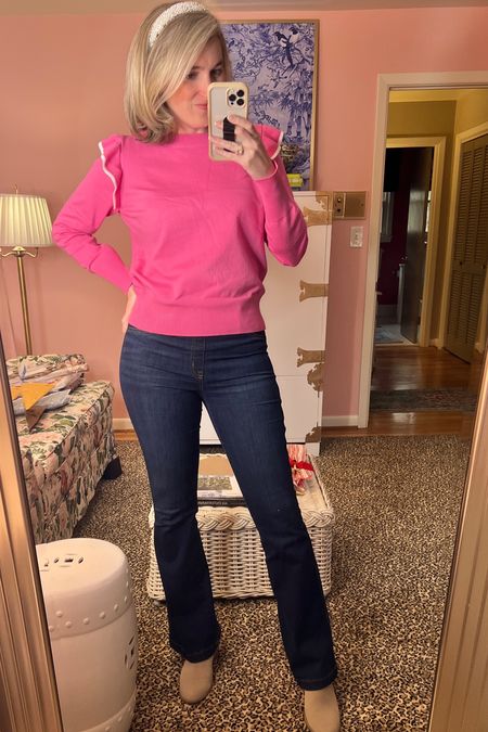 Love a casual jeans and sweater outfit! 
Use DIXON15 on the sweater. 
Use DIXON20 on the headband. 
Booties on major sale! 
These are my favorite jeans (elastic waistband)! 
Scoop up several pearl studs for gifts, on sale! 

#LTKSeasonal