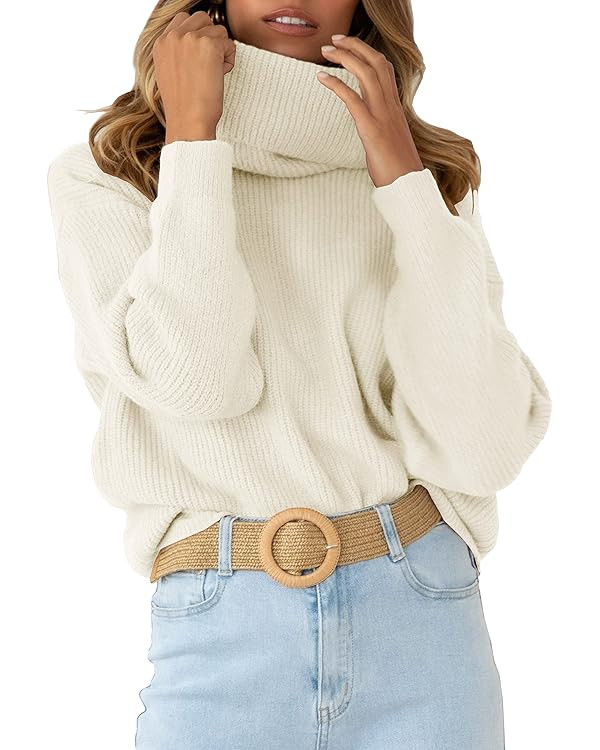 Womens Turtleneck Drop Shoulder Sweaters Chunky Knit Long Sleeve Oversized Sweater Fall Winter Pu... | Amazon (US)