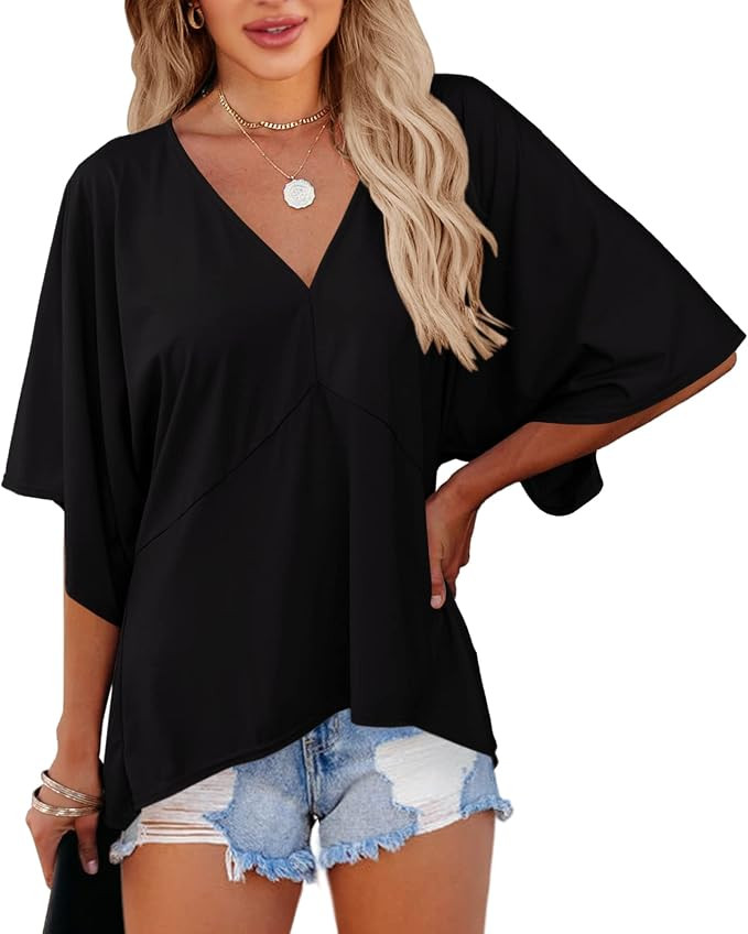 Womens V Neck 3/4 Bell Sleeve Blouse Tops Summer Loose Solid Kimono Shirt Patchwork Irregular Hem... | Amazon (US)