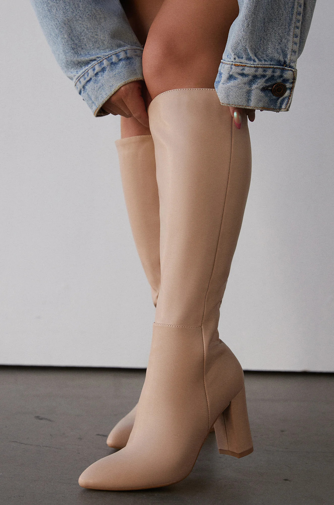 Miss Lola | Nude Block Heel Knee High Boots | MISS LOLA