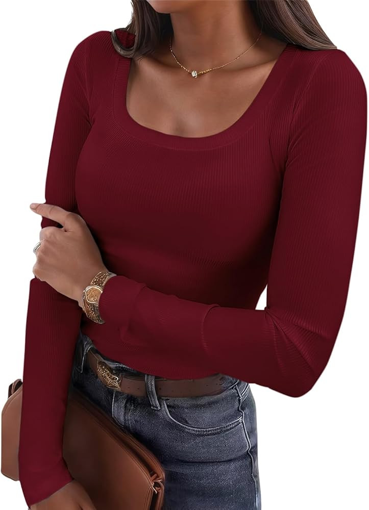 Casual Women's Long Sleeve Shirts Ribbed Knit Fitted Stretch Scoopneck Basic Solid Tunic Tops | Amazon (US)