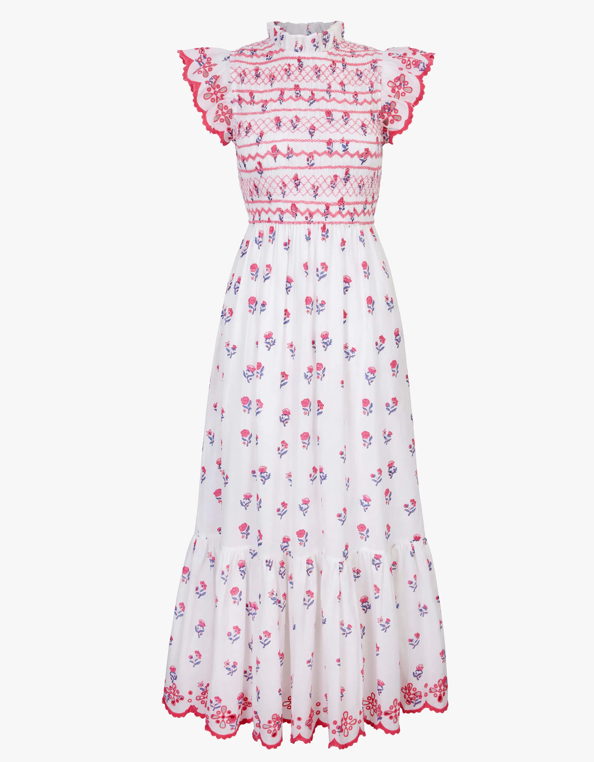Harper Dress | White & Pink Floral | Block Print & Embroidered Cotton | Pink City Prints UK