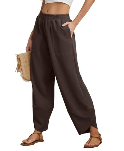 FREEOAK Womens Baggy Wide Leg FP Pants Casual Fall 2025 Lounge Relaxed Fit Bottom Elastic Waisted Linen Harem Pants with Pockets Brown | Amazon (US)