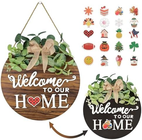 Pinkpum Double Sides Interchangeable Welcome Sign Front Door Decor with 20 Seasonal Icons 2 in 1 ... | Amazon (US)