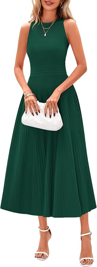 PRETTYGARDEN Women's Summer Pleated Midi Work Dress | Sleeveless A Line Knit Business Dresses, Sp... | Amazon (US)