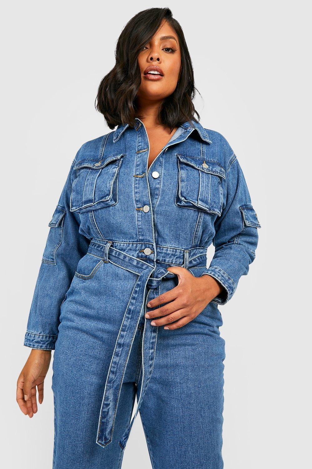 Plus Belted Tapered Cargo Denim Boilersuit | Boohoo.com (US & CA)