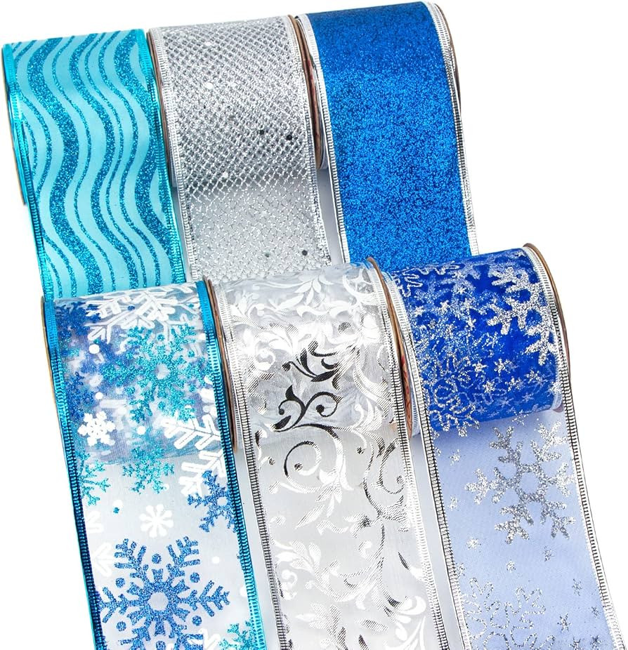 Ribbli Christmas Ribbon Wired Blue and Silver Christmas Tree Ribbon Blue Glitter Christmas Wired ... | Amazon (US)