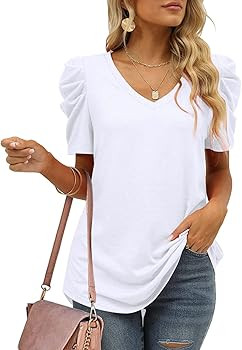 XIEERDUO Womens Summer Shirt V Neck Casual Tshirts Puff Sleeve Tops for Women Solid Color XS-3XL | Amazon (US)