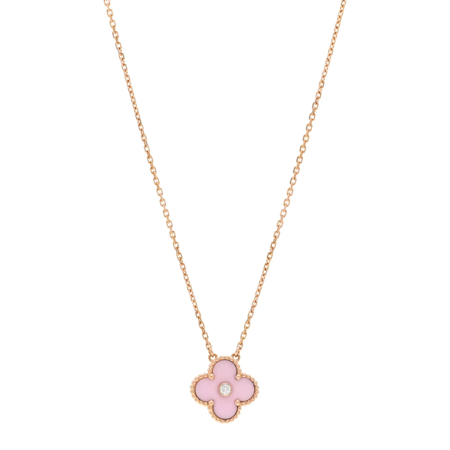 VAN CLEEF & ARPELS 18K Rose Gold Diamond Pink Porcelain Vintage Alhambra Pendant Necklace | FASHI... | FASHIONPHILE (US)