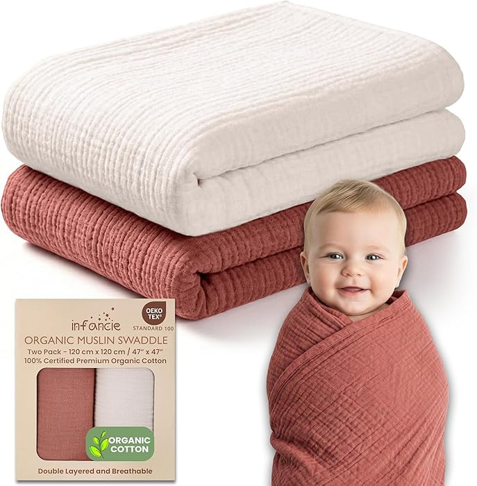infancie 100% Organic Cotton Muslin Baby Blanket - 47 x 47 Inch Breathable Swaddle Blankets, Hypo... | Amazon (US)