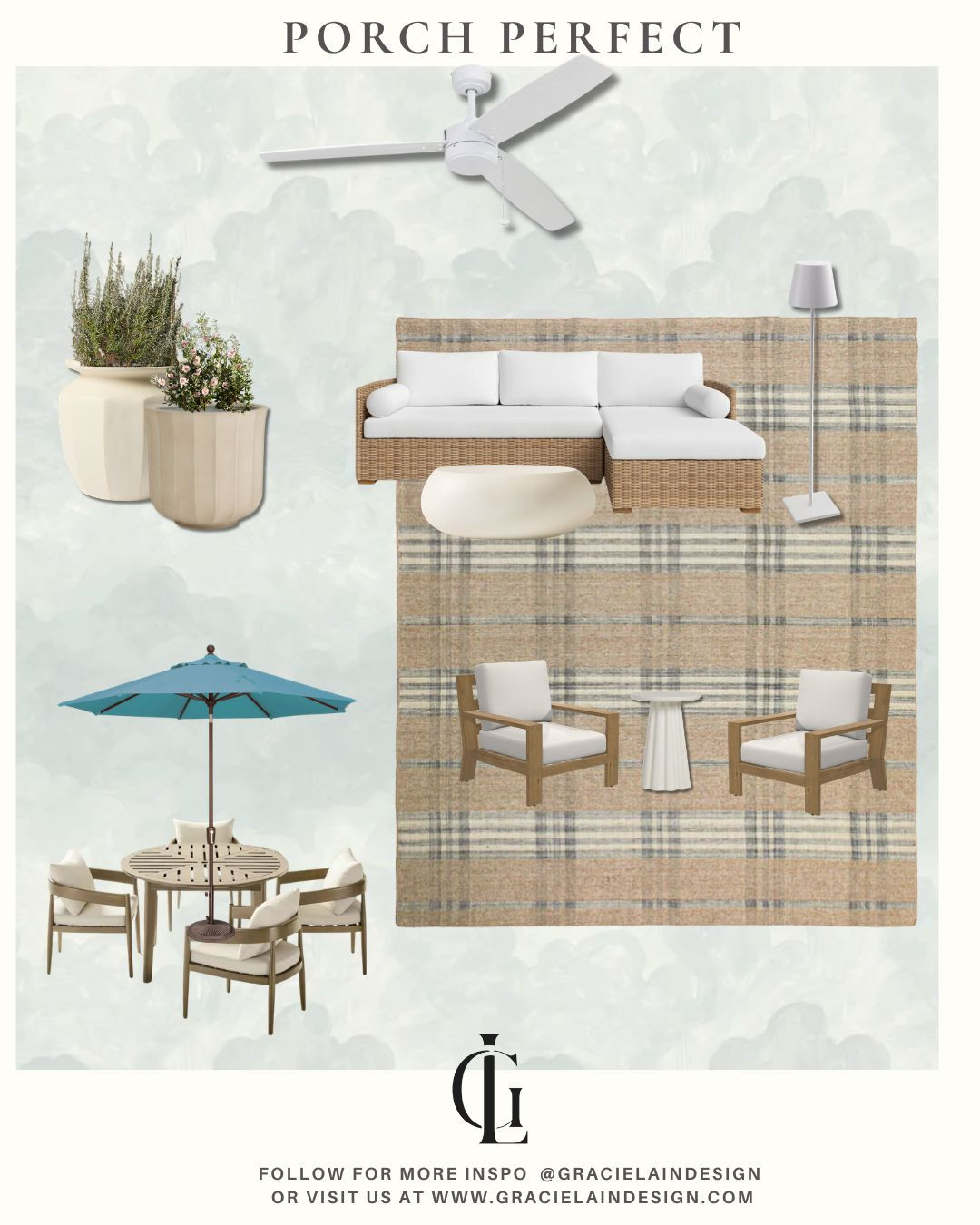Sophisticated yet relaxed ✨ Whether your space is an outdoor deck or a covered patio, we’re all about creating layered, livable spaces that feel elevated and inviting. Neutral tones, rich textures, a plaid outdoor rug, rattan sectional, and oversized planters that completely set the mood. The wallpaper is present just to create the dreamy backdrop. It would be just as stunning in a powder room, on a ceiling, in a playroom, or bedroom…the possibilities are endless. 🤍
Shop the look + get inspired at GracielainDesign.com.
#LTKhome #OutdoorLiving #PatioDesign #DeckDecor #NeutralHome #LayeredInteriors #InteriorStyling #OutdoorDecor #RattanFurniture #HomeInspo #CoveredPatio #LuxuryInteriors #CoastalStyle #WallpaperDesign #TextureAndTone #InteriorDesign #GracielainDesign 

 #LTKSeasonal #LTKHome #LTKSaleAlert