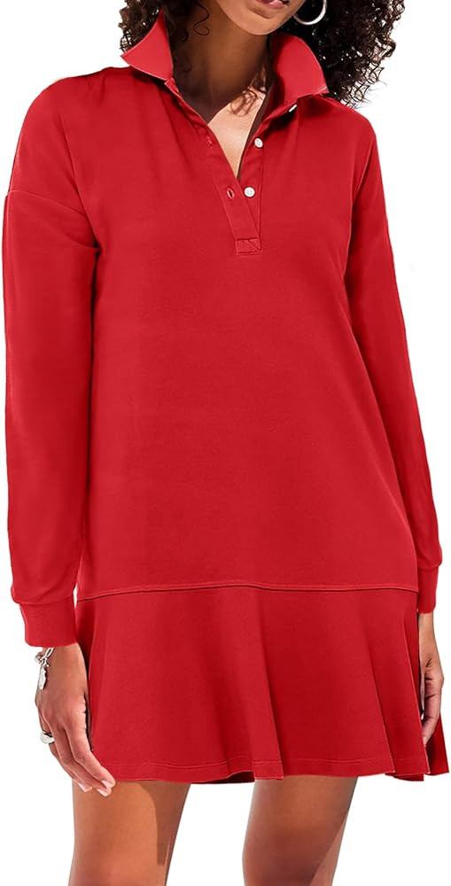 Women's Polo Dress Long Sleeve Collared V-Neck Ruffle Hem Fall Shirt Mini Dresses | Amazon (US)