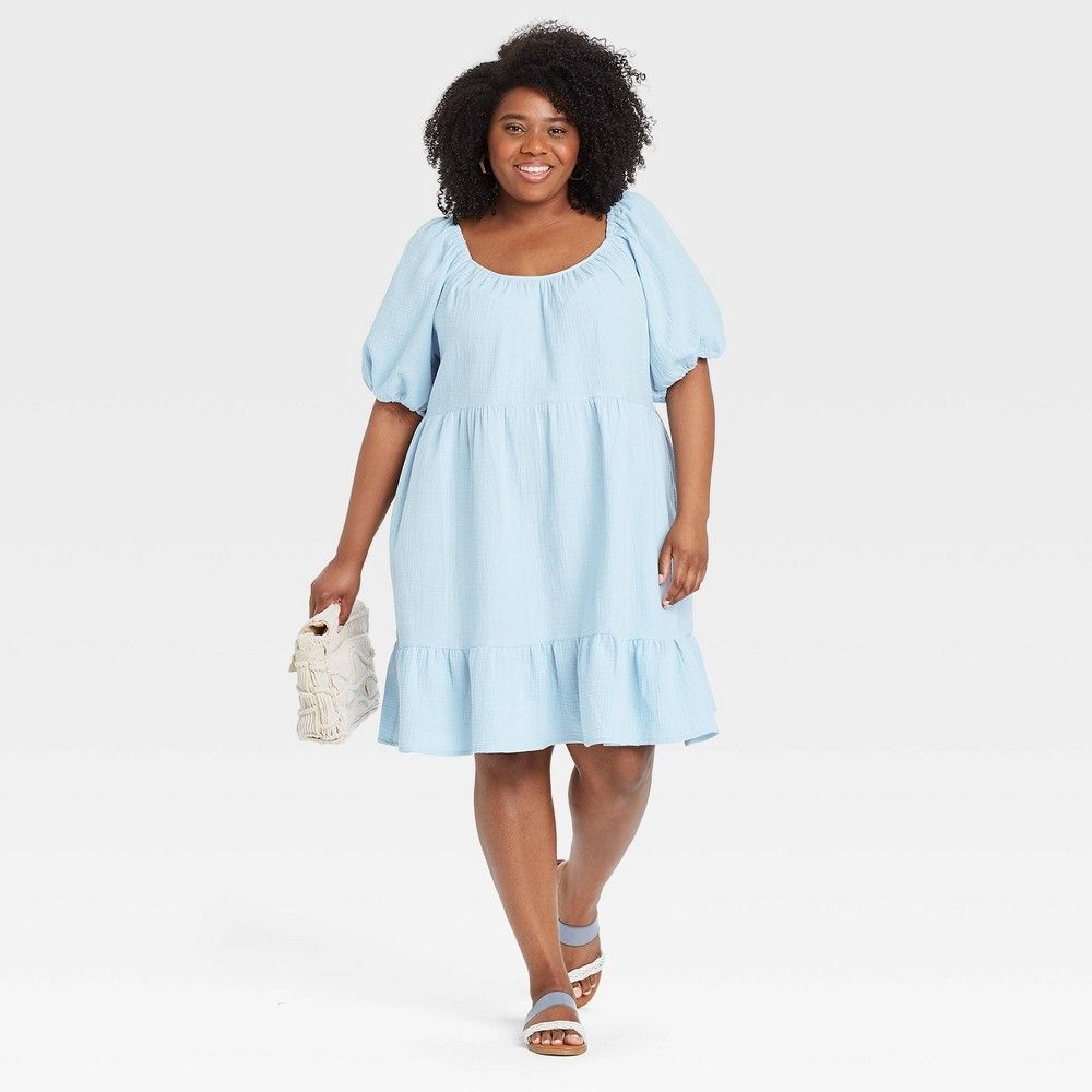 Women's Plus Size Puff Short Sleeve Tiered Babydoll Dress - Universal Thread Blue 2X | Target