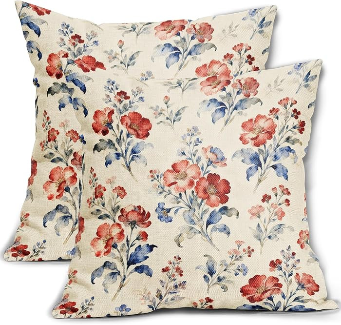 4th of July Patriotic Floral Pillow Covers 18x18 Inch Set of 2, Blue Red Vintage Rustic Flower De... | Amazon (US)