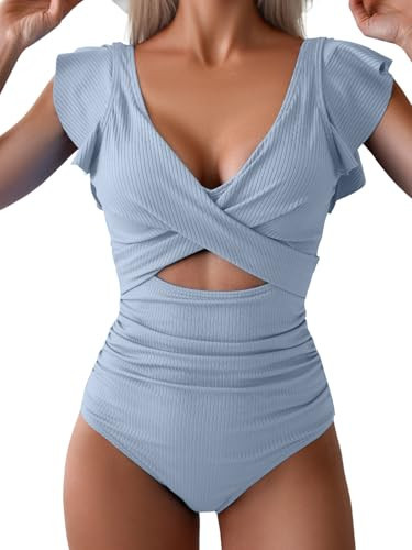 B2prity One Piece Swimsuits for Women Ruffle Sleeve V Neck Bathing Suit Tummy Control Cutout Monokini Slimming Swimwear | Amazon (US)