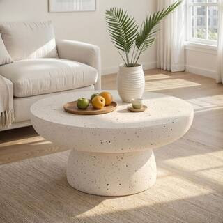 Abram Modern Patio Terrazzo White Round Concrete Outdoor Coffee Table, Magnesium Oxide (MGO) | The Home Depot