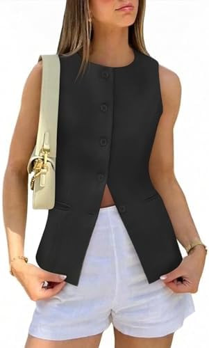 Tankaneo Womens Tweed Sleeveless Vest Crew Neck Button Down Fitted Blazer Vest Tops Work Casual W... | Amazon (US)