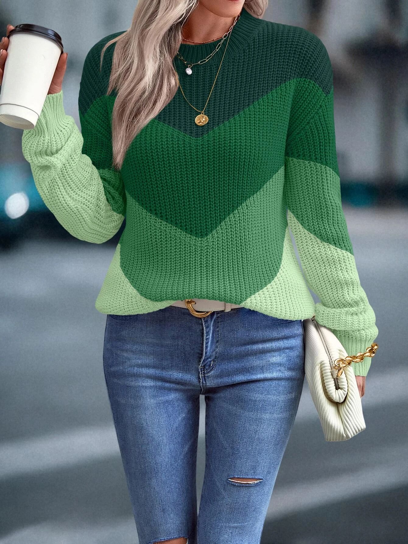 SHEIN LUNE Color Block Chevron Pattern Drop Shoulder Sweater | SHEIN